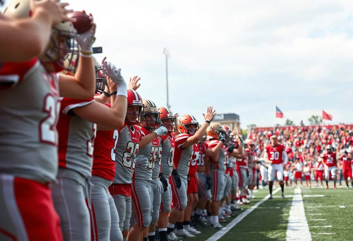 Midland Valley Mustangs players celebrating a touchdown during a football game.