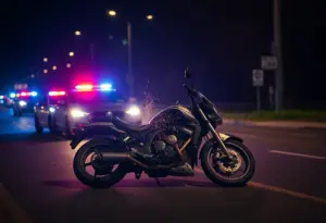 Scene of a motorcycle crash during a police pursuit at night.