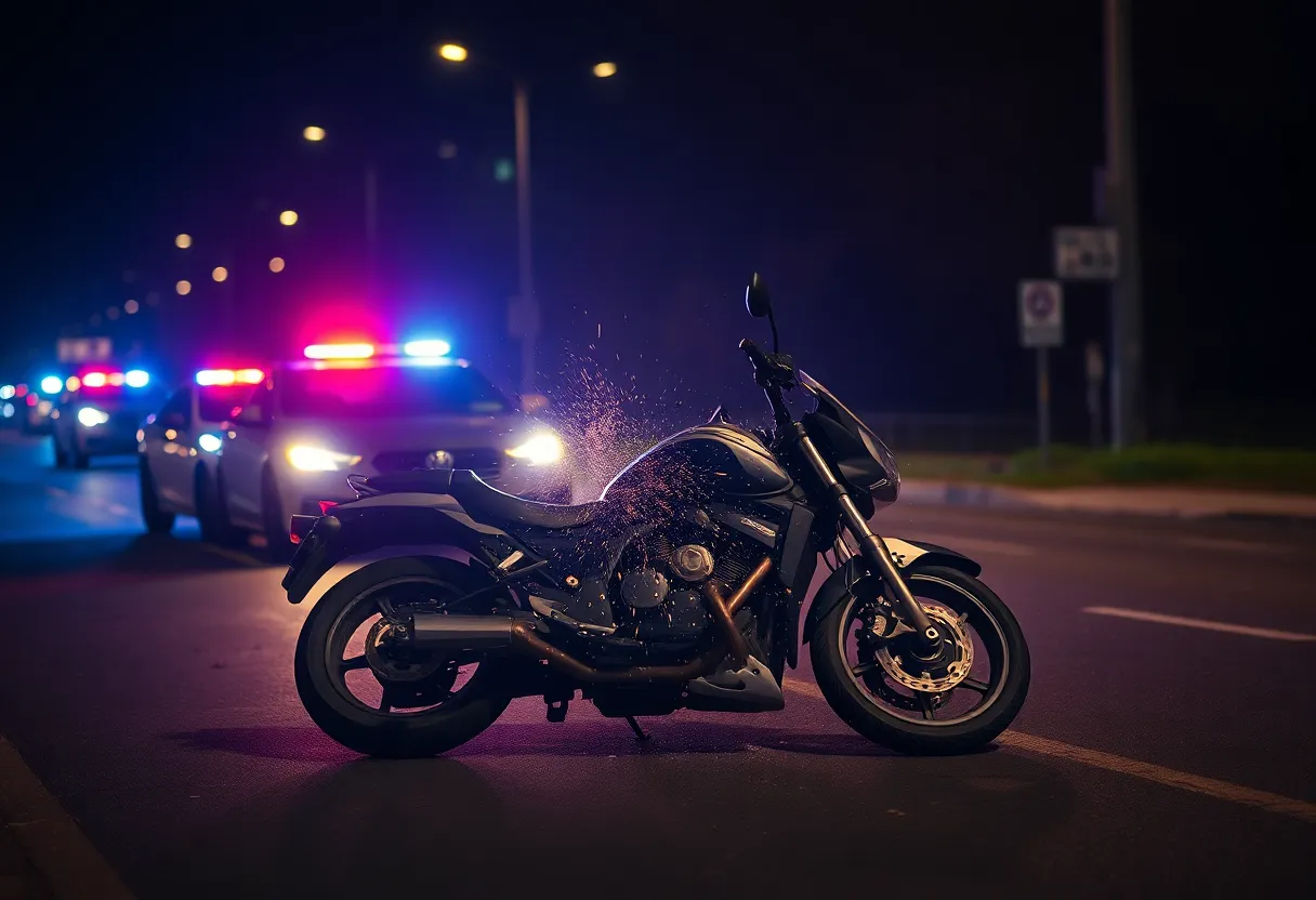 Scene of a motorcycle crash during a police pursuit at night.