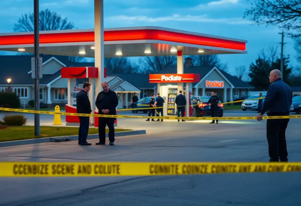 Police and emergency responders at a gas station crime scene in North Augusta