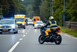 Scene of a motorcycle crash involving police vehicles.