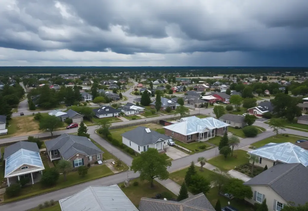 Aerial view of North Augusta with tarped homes and dark clouds