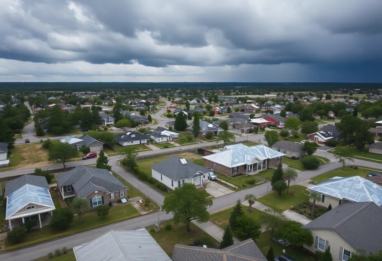 Aerial view of North Augusta with tarped homes and dark clouds