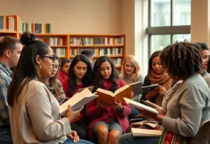 Community members attending a poetry program at a library