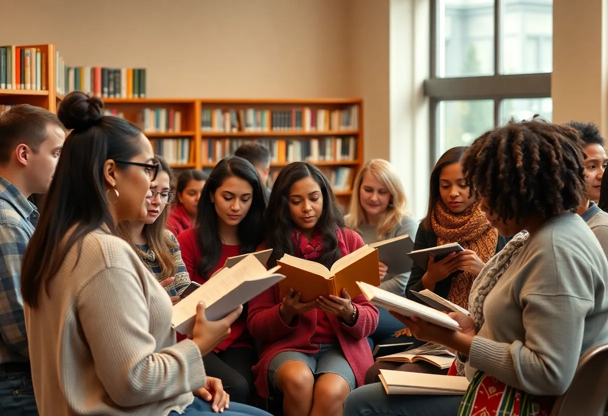 Community members attending a poetry program at a library