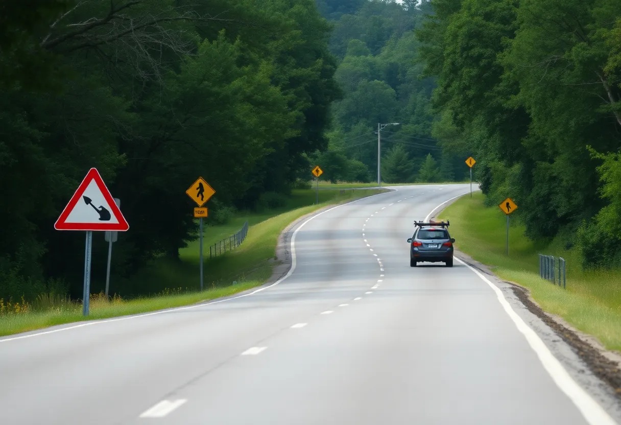 Empty rural highway with road safety signs