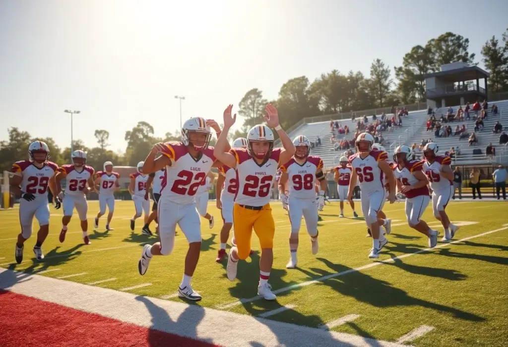Celebration scene from a high school football game with players celebrating a touchdown.