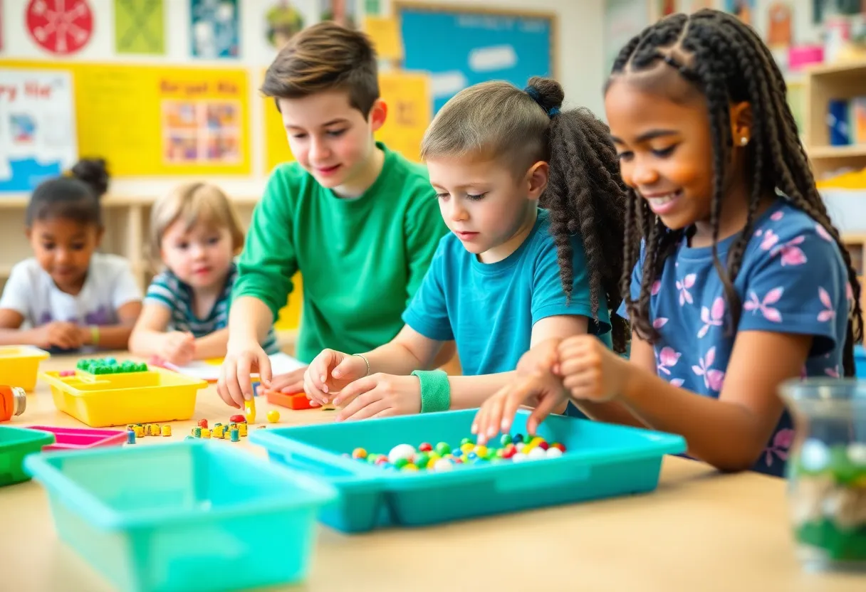 Classroom of students using sensory-rich materials for learning about positive behavior.