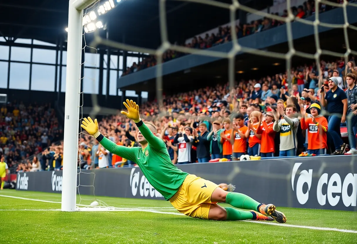 USC Aiken soccer goalkeeper making a save