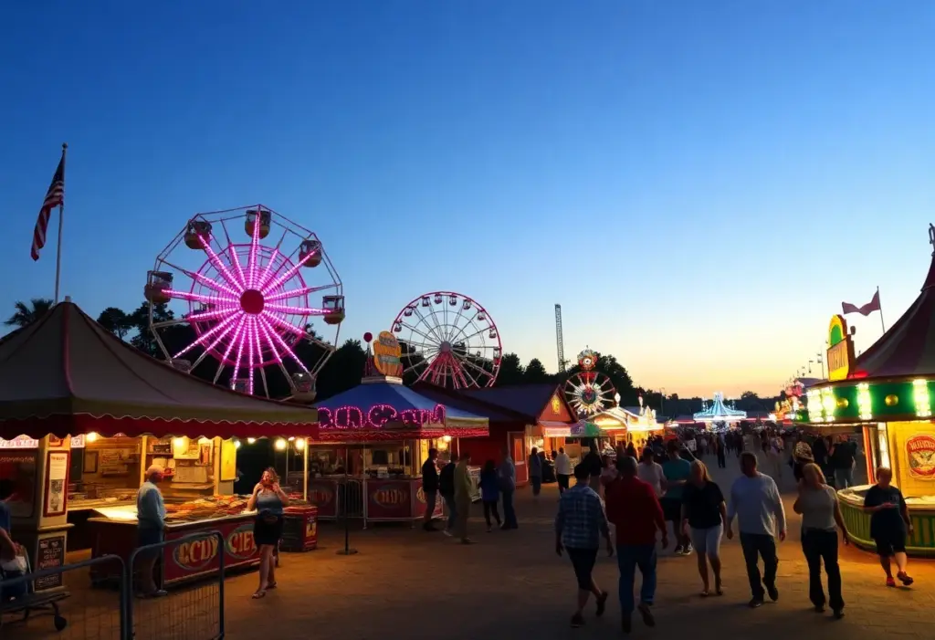 Visitors enjoying the Western Carolina State Fair with rides and food stalls.