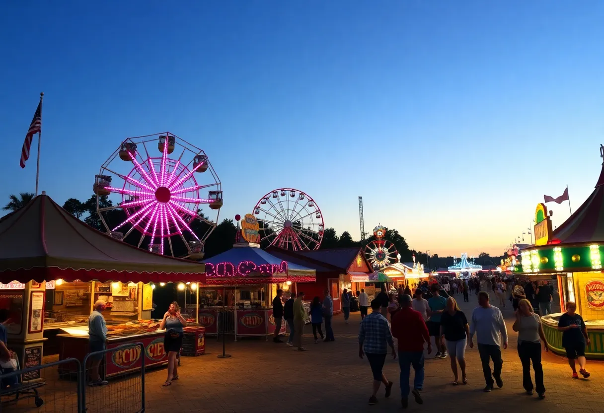Visitors enjoying the Western Carolina State Fair with rides and food stalls.