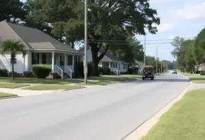 A serene neighborhood street in Windsor, SC.