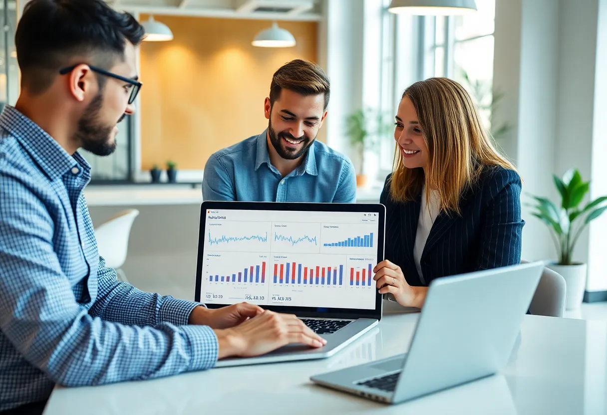 Marketing team using custom analytics dashboard for data analysis