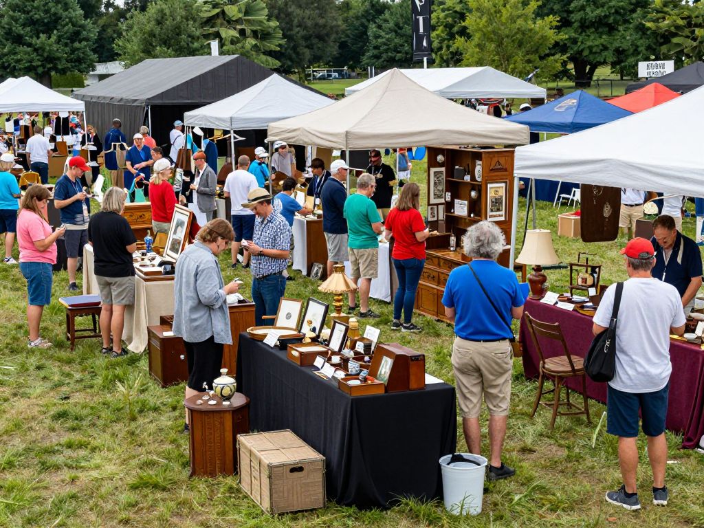 A scene from the Aiken Antique Show, showcasing a variety of antiques and engaged visitors.