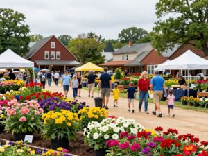 Vibrant Aiken SC community event with flowers and families