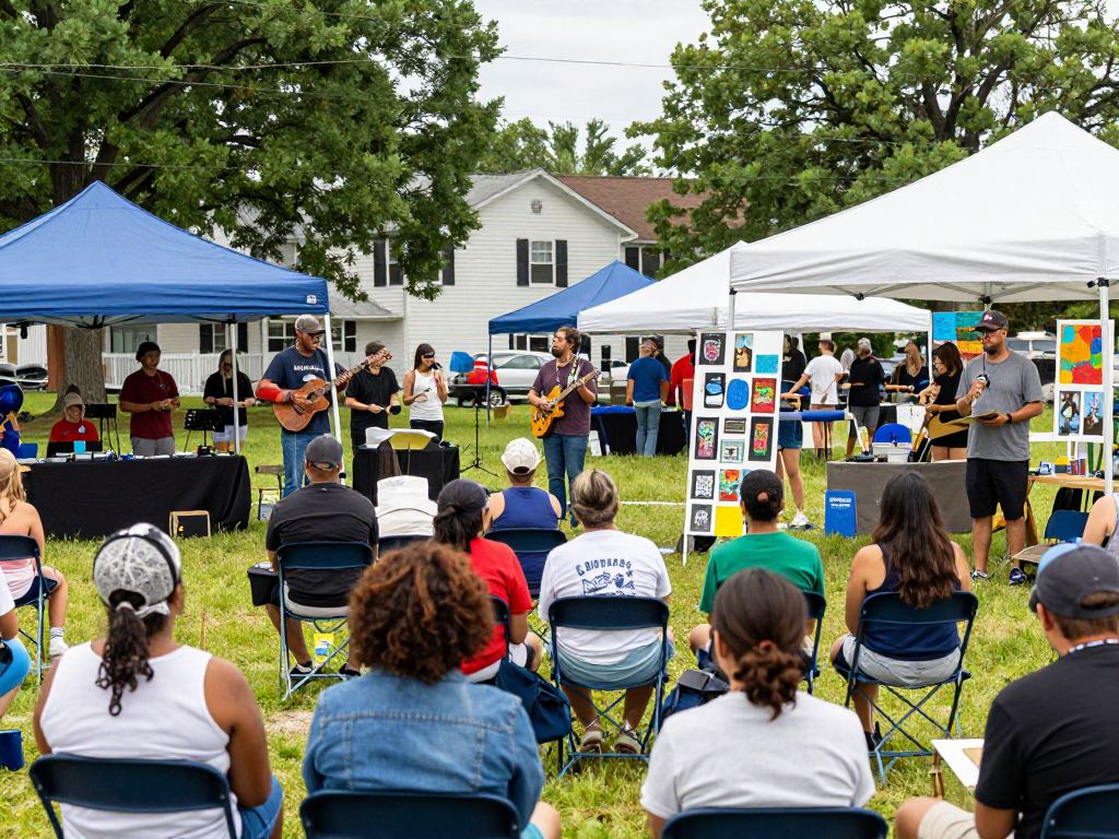 A vibrant scene of community events in Aiken SC featuring music, art, and education.