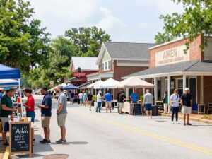 Community scene in Aiken showcasing small businesses and local engagement.
