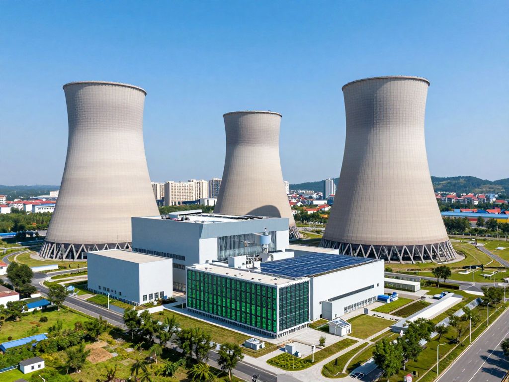 Illustration of a nuclear power plant and data center with green energy features in Aiken County.