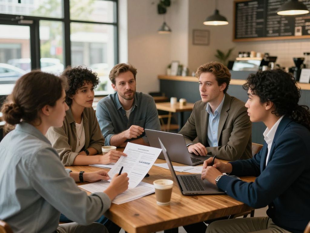 Diverse entrepreneurs in Aiken SC discussing business strategies over coffee.