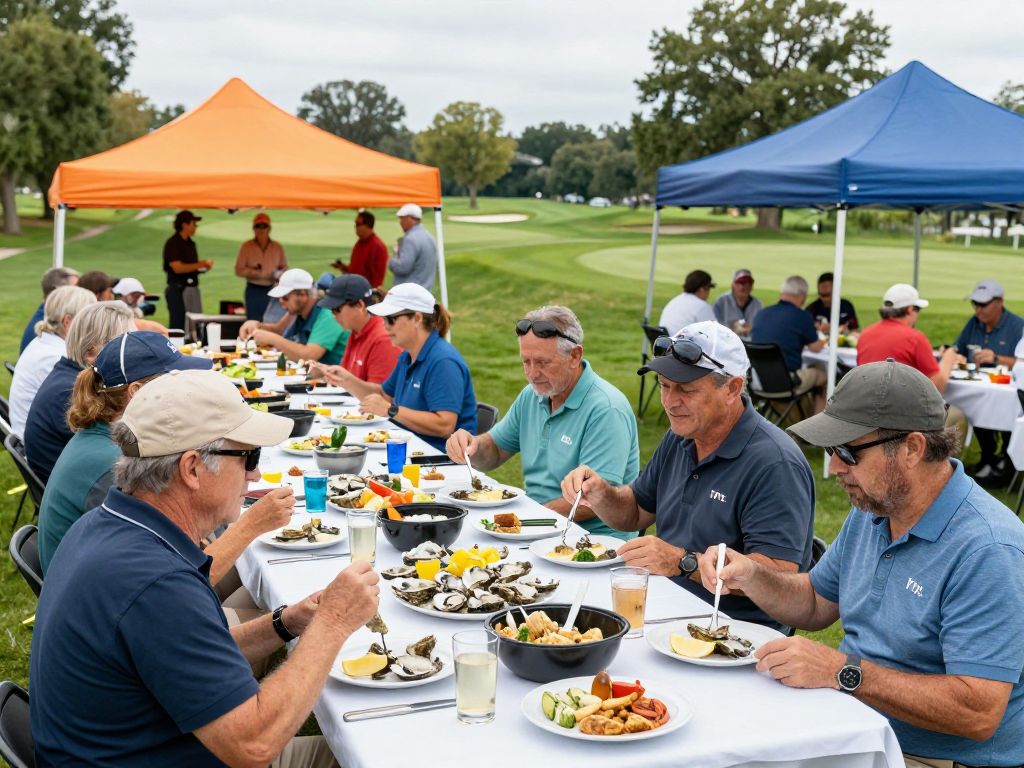 Community members enjoying the Aiken Kiwanis Oyster Roast with delicious food