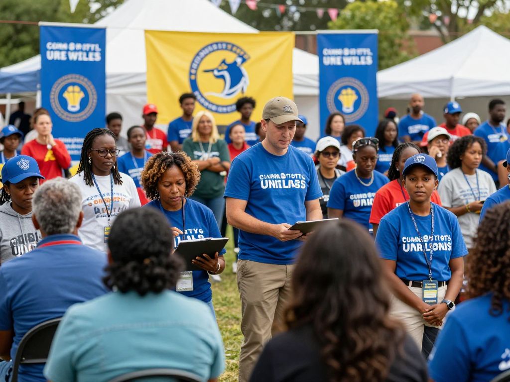 Community members gathered at the Aiken MLK Celebration with banners and decorations.
