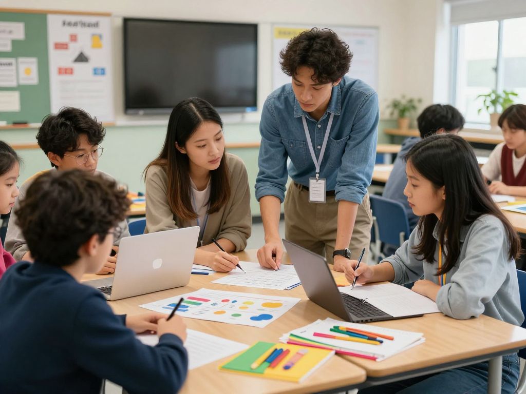 A group of Aiken teachers brainstorming and planning innovative projects in a classroom.