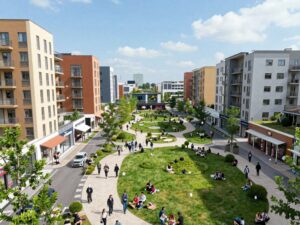 Rendering of Aiken Towne Park showcasing apartments and retail spaces
