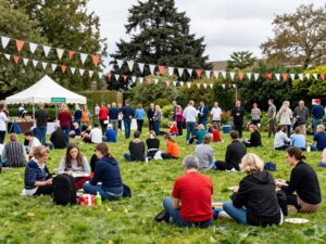 Community members celebrating at Historic Meadow Garden for America's 250th celebration.
