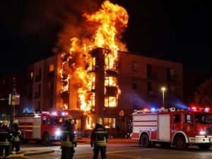 Apartment building on fire with emergency response
