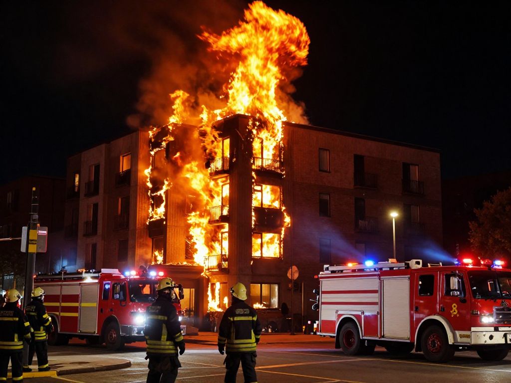 Apartment building on fire with emergency response