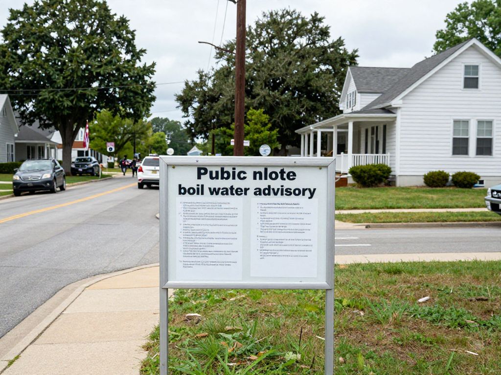 Public notice board displaying boil water advisory in Edgefield County
