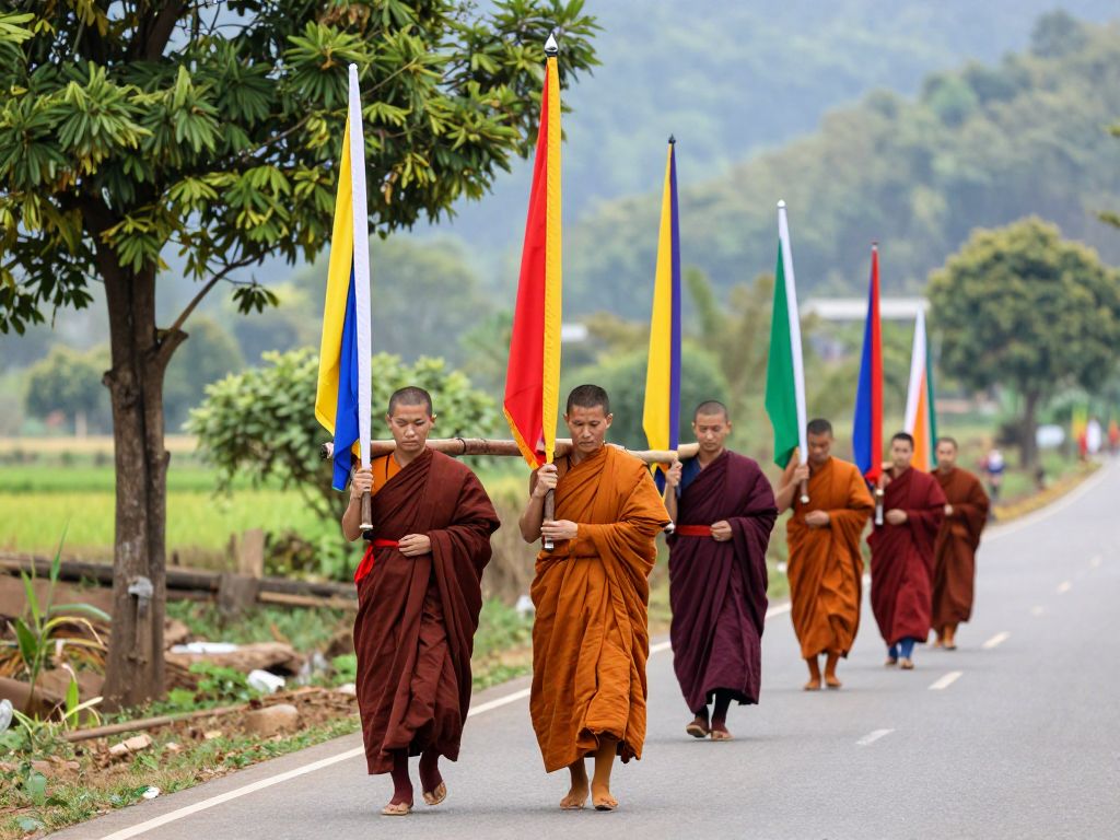 Buddhist monks walking on a rural road during their Walk for Peace