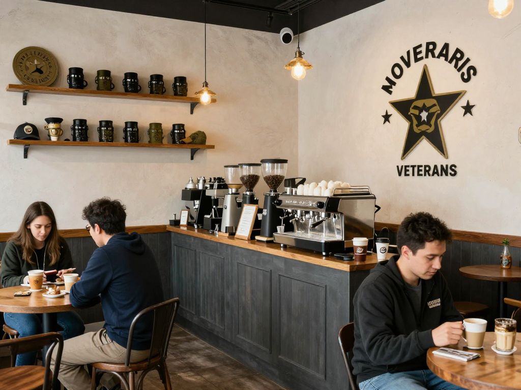 Interior of Commander Coffee showcasing military decor and patrons enjoying coffee.