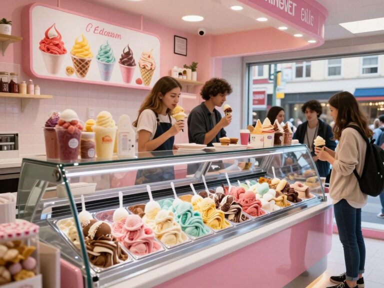 Interior view of a frozen dessert shop in Downtown Aiken with colorful treats.