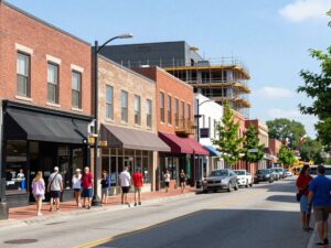 A lively downtown Augusta with local businesses and construction projects