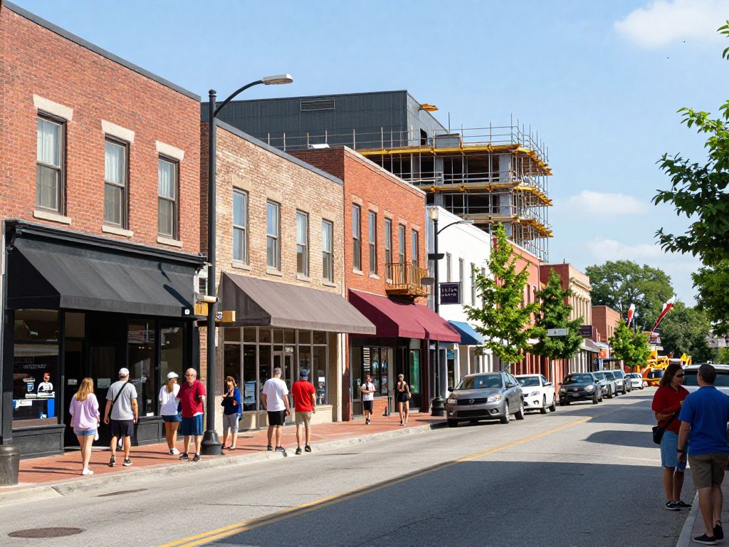 A lively downtown Augusta with local businesses and construction projects