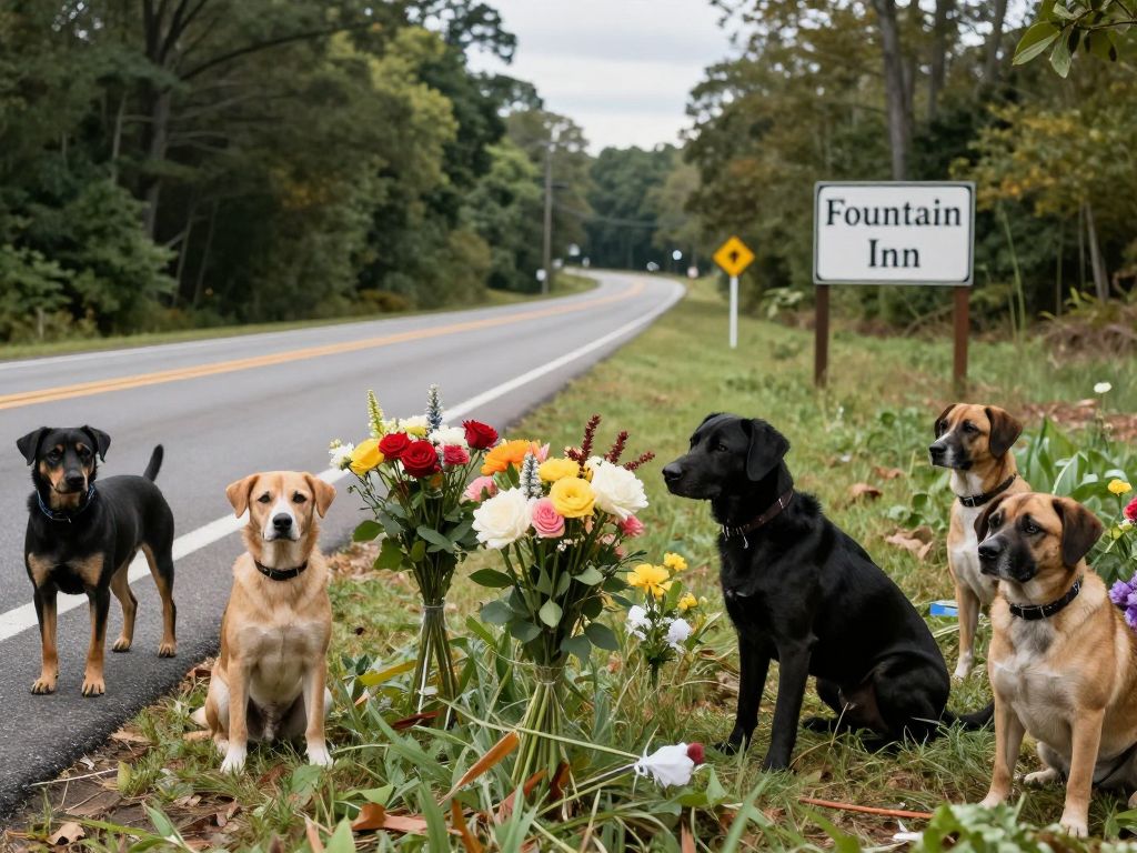 Memorial flowers on the roadside for dogs found shot in Greenville County.