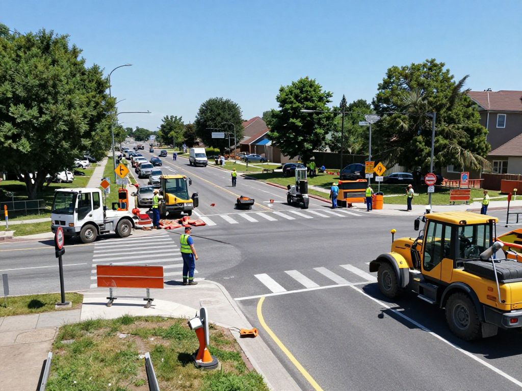 Construction crews working on I-520 Deans Bridge Road repairs with lane closure signs in view.
