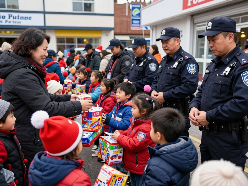 Children joyfully receiving toys at Kids and Cops Toy Drive event in Corona, California