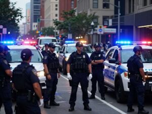 Law enforcement officers gather during a manhunt operation in an urban area.