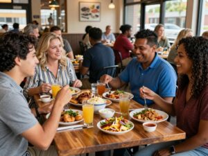 Outdoor view of Little Howie's restaurant in Aiken, SC with diners enjoying Southern dishes.