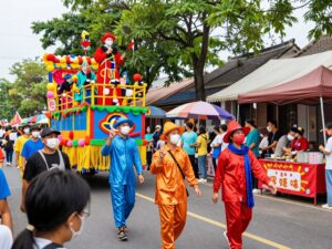 Participants enjoying the Columbia Mardi Gras festival parade with colorful costumes and floats.