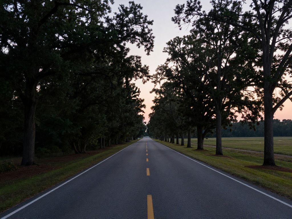 Peaceful South Carolina road at dusk