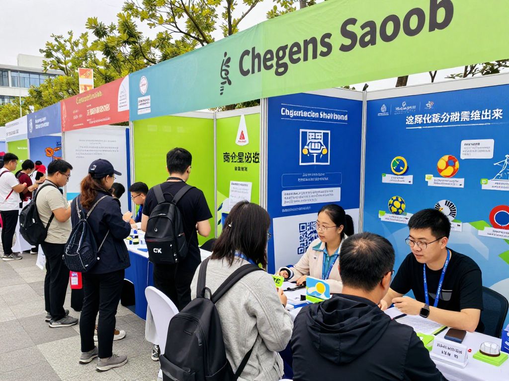 A busy job expo with applicants engaging with representatives.