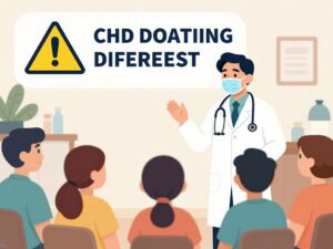 Graphic of a health official discussing measles vaccination in a community setting