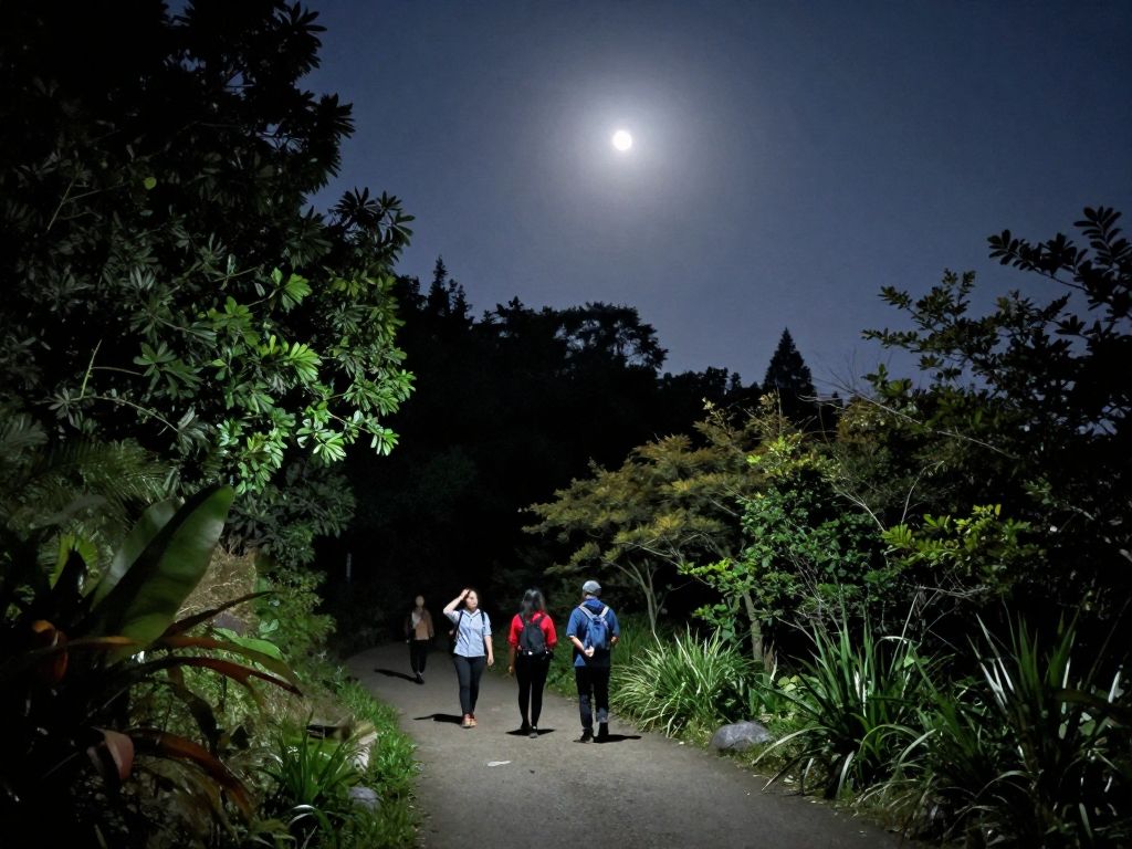 Participants on a hike illuminated by the full moon at Phinizy Swamp Nature Park