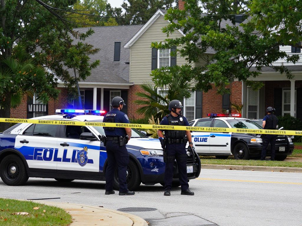 Law enforcement at a shooting scene in North Augusta showing police vehicles and evidence markers