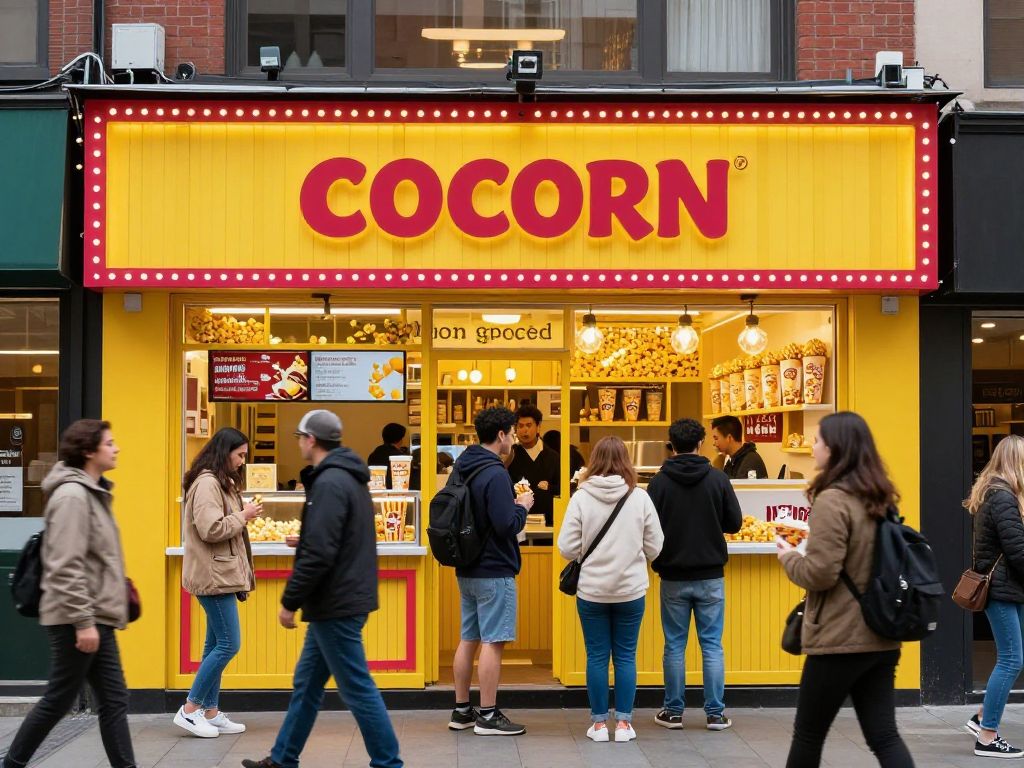 Exterior view of Popn' Off Gourmet Popcorn and Nuts shop in downtown Augusta