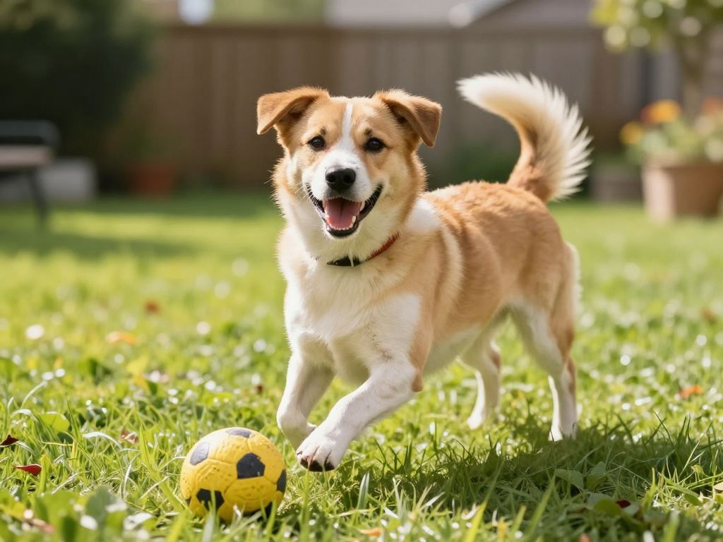 An adopted dog enjoying playtime in a sunny backyard