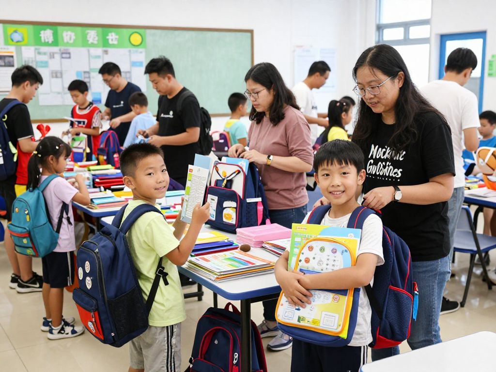 Families participating in the Repack the Backpack event, with tables of school supplies.